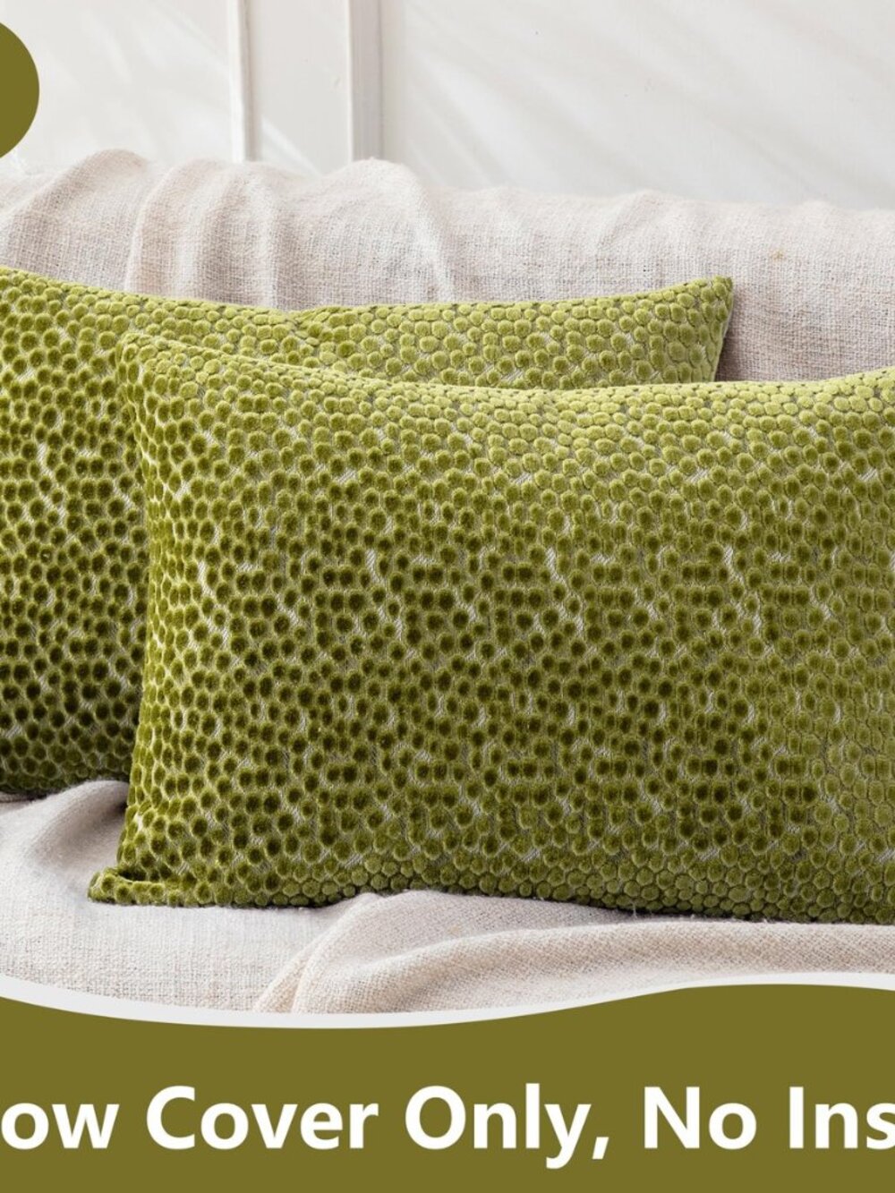 Lumbar Pillow Covers 12x20 Inch Set of 2, Jacquard Velvet, Olive Green - Picture 2 of 8